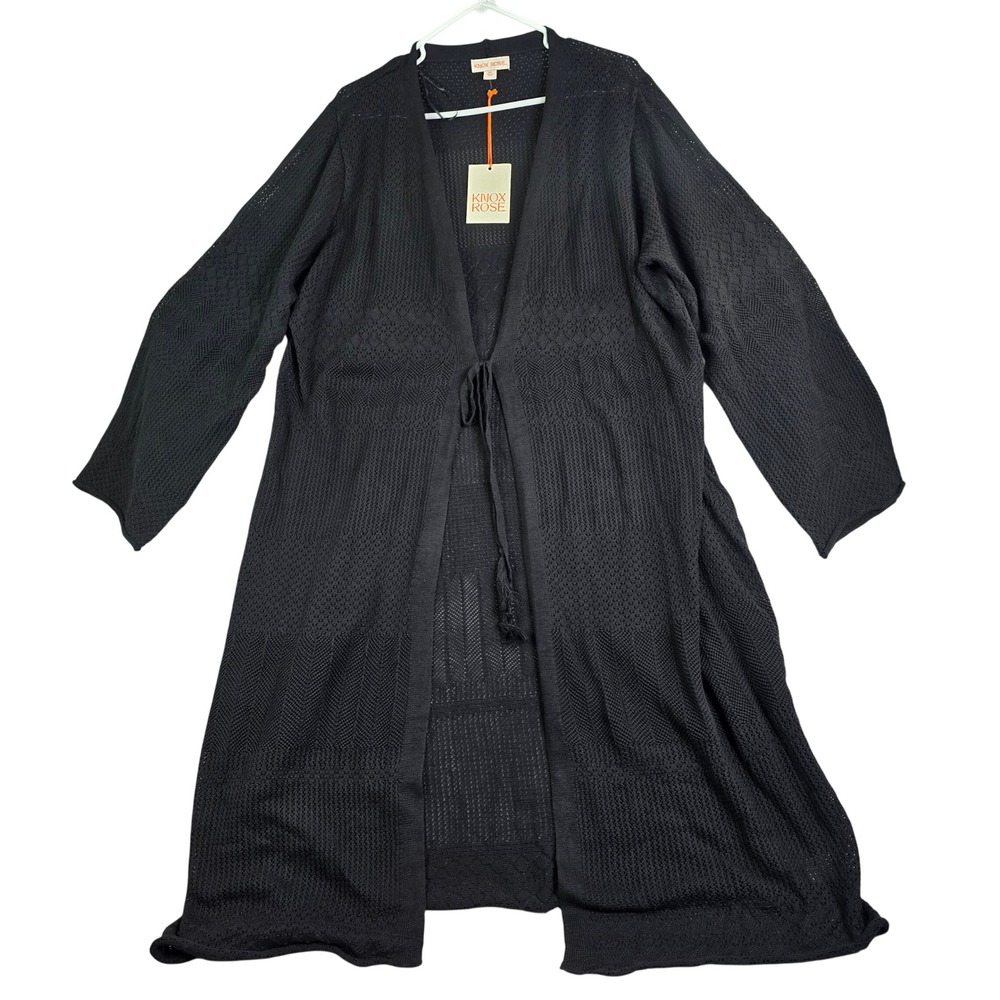 Knox Rose Duster Cardigan Women XXL Black Crochet Knit Tie Front Tassel Boho New